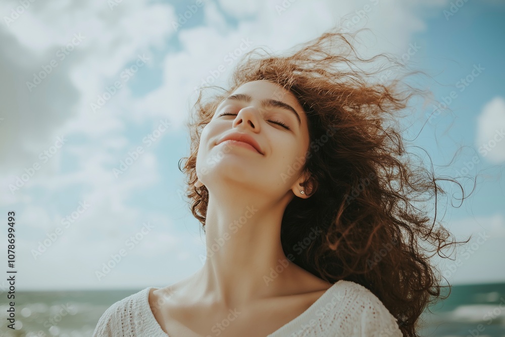 A relaxed woman enjoys the breeze at the seaside, with windswept hair and a refreshing sense of freedom. A relaxed woman enjoys the breeze at the seaside, with windswept hair and a refreshing sense of freedom.