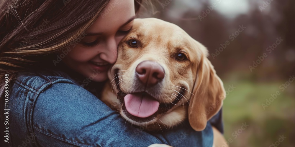 A woman finds happiness and companionship hugging her dog, showcasing loyalty and friendship in nature. A woman finds happiness and companionship hugging her dog, showcasing loyalty and friendship in nature.
