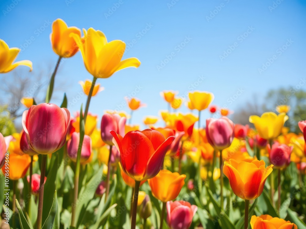Vibrant line of yellow tulips in full bloom stretching across a field, sunny, petal, flowers Vibrant line of yellow tulips in full bloom stretching across a field, sunny, petal, flowers