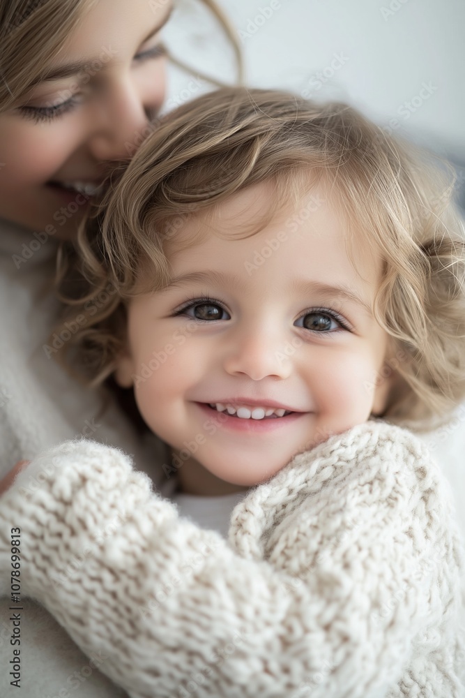 A joyful toddler with curly hair is being hugged by a smiling woman, showcasing warmth and affection. A joyful toddler with curly hair is being hugged by a smiling woman, showcasing warmth and affection.