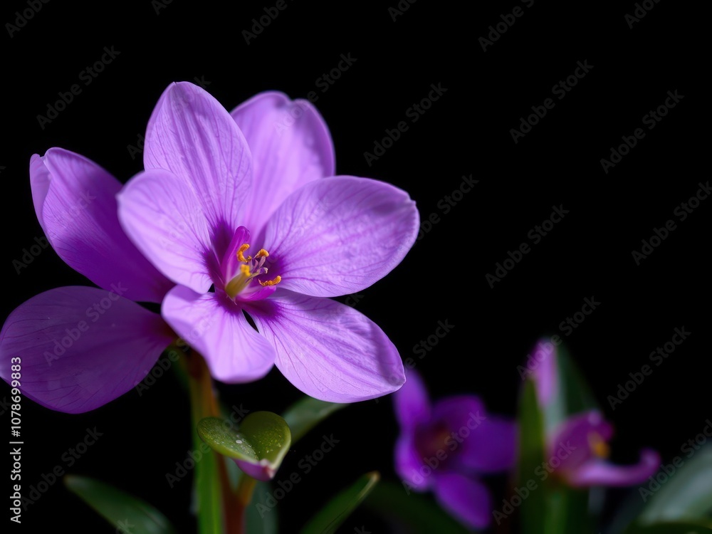 Fototapeta premium Vibrant purple flower petals and leaves scattered on dark background, soft, colorful, beauty