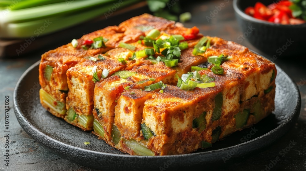 A close-up of a delicious tofu dish with green onions and chili peppers on a black plate. A close-up of a delicious tofu dish with green onions and chili peppers on a black plate.