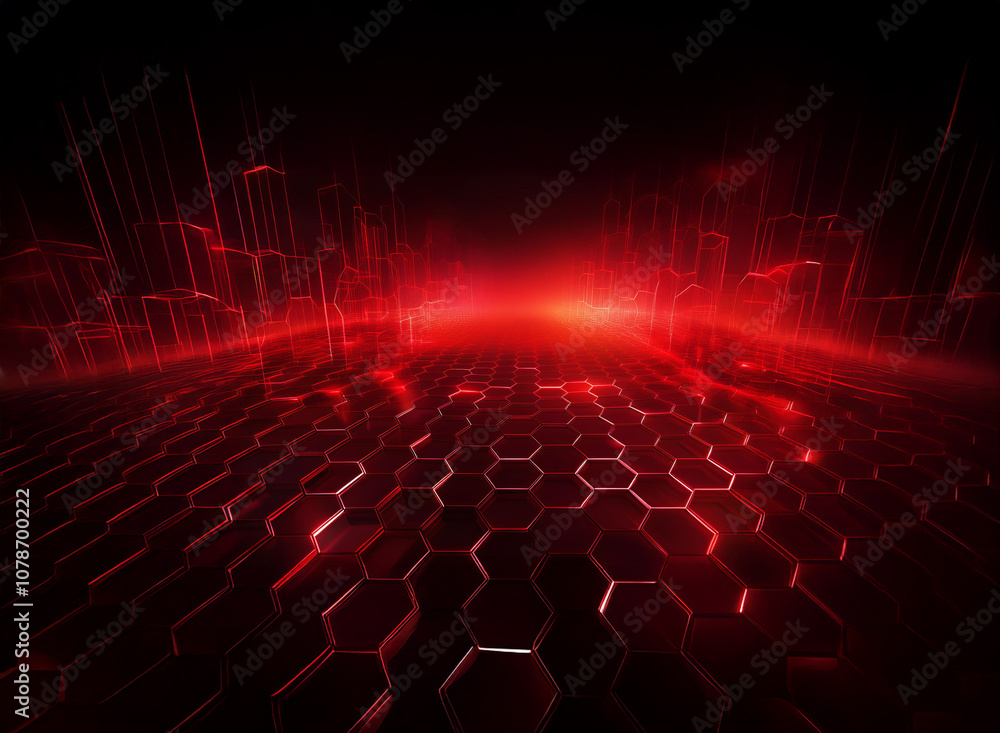 A glowing red cityscape rises from a hexagonal grid, receding into a distant horizon. A glowing red cityscape rises from a hexagonal grid, receding into a distant horizon.