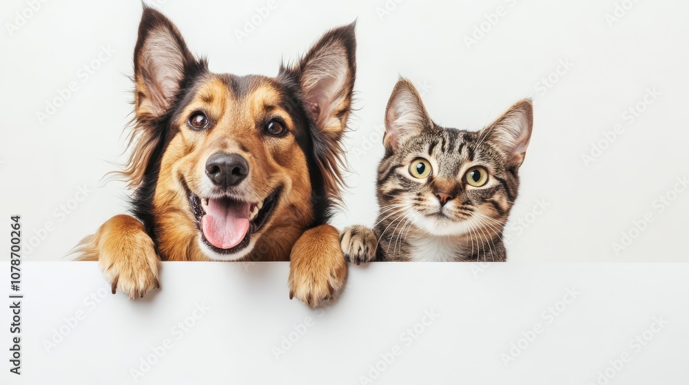 A Smiling Dog and Curious Cat Peeking Over a White Surface A Smiling Dog and Curious Cat Peeking Over a White Surface