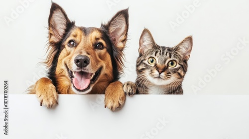 A Smiling Dog and Curious Cat Peeking Over a White Surface