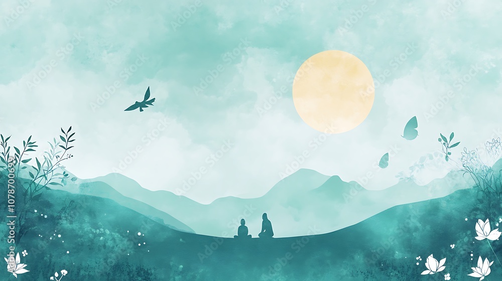 Fototapeta premium A simple, calming banner design for World Mental Health Day, featuring a serene background with supportive messages and symbols of mental well-being.