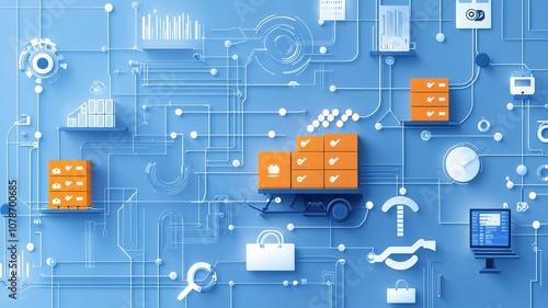 Inventory management order tracking concept. A digital composition depicting server stacks and interconnected data lines on a blue background, symbolizing networking and technology.
