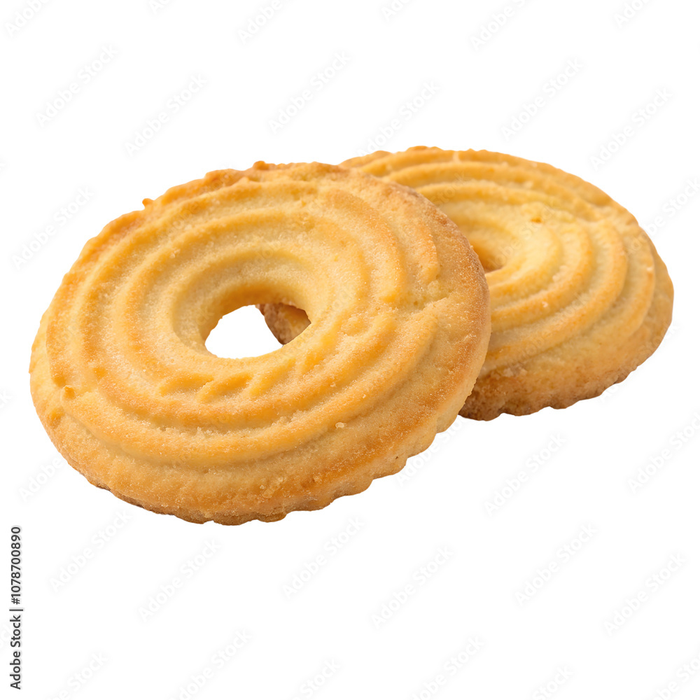 Two Circular Butter Cookies isolated on transparent background cutout, PNG file, Cutout file