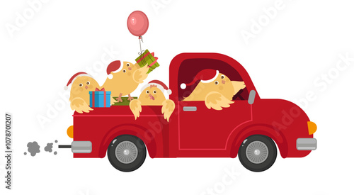 Christmas illustration with cute chickens in Santa hat with red car. Christmas character design 