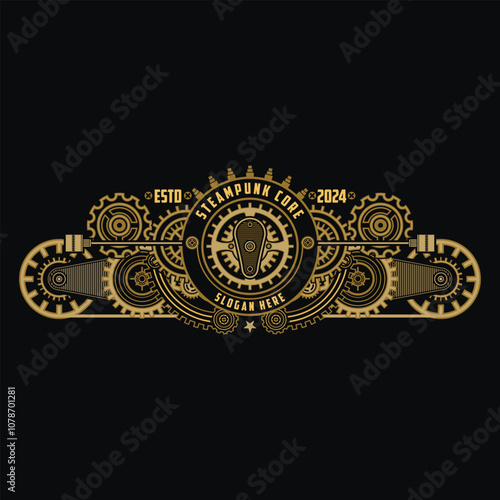 Steampunk badge logo with detail vintage gear circle.