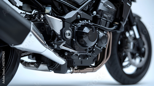 A close-up of a motorcycle engine, highlighting the intricate details of engineering. An engine designed for performance.