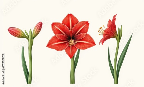 Three stages of red amaryllis flowers