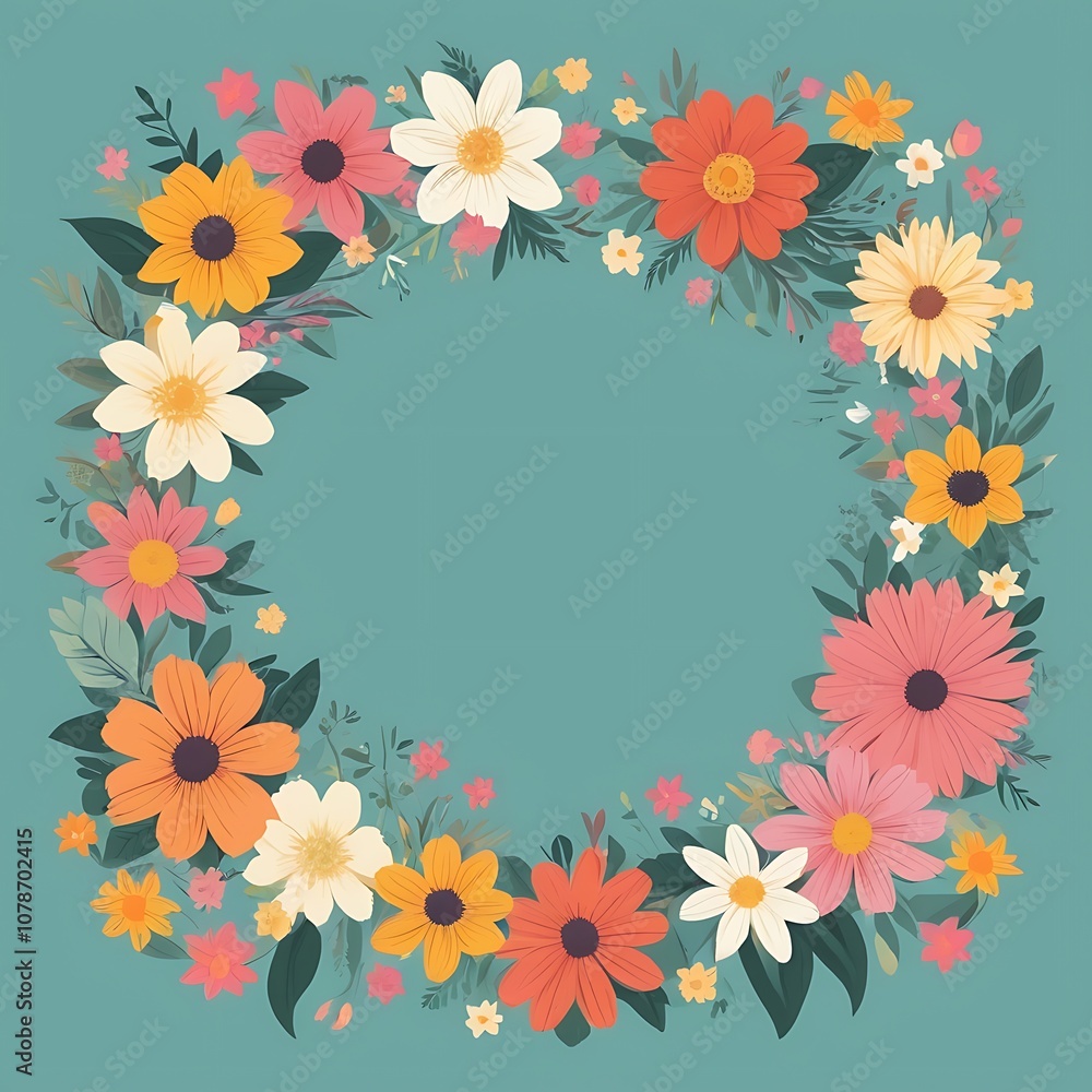 A Wreath of Vibrant Flowers on a Teal Background A Wreath of Vibrant Flowers on a Teal Background