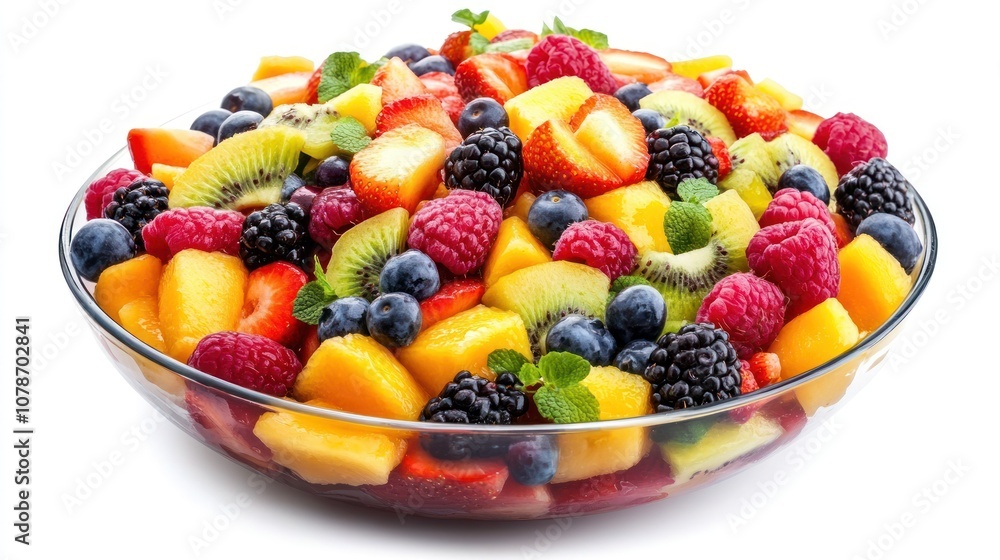 A vibrant fruit salad featuring a mix of fresh berries, tropical fruits, and mint. A vibrant fruit salad featuring a mix of fresh berries, tropical fruits, and mint.