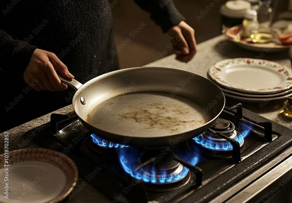 Empty Pan on Gas Stove Ready for Cooking Empty Pan on Gas Stove Ready for Cooking