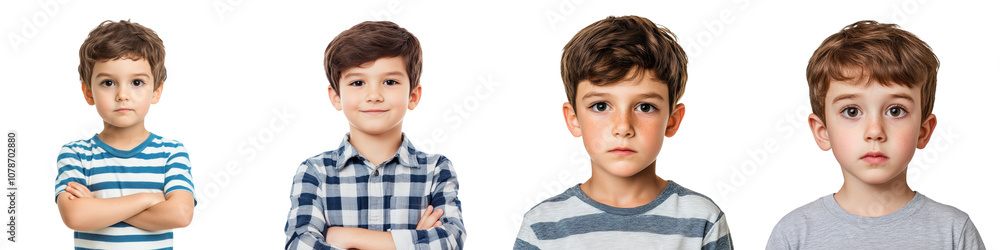 Collection of Adorable Young Boys Showcasing a Variety of Facial Expressions and Casual Stylish Outfits Against a White Background Ideal for Lifestyle Fashion and Portrait Imagery Collection of Adorable Young Boys Showcasing a Variety of Facial Expressions and Casual Stylish Outfits Against a White Background Ideal for Lifestyle Fashion and Portrait Imagery