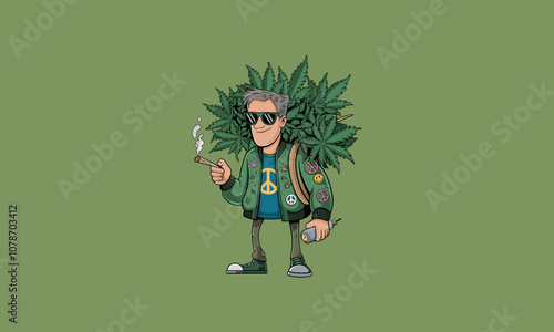 Stylish character with cannabis leaf, lighter, and joint