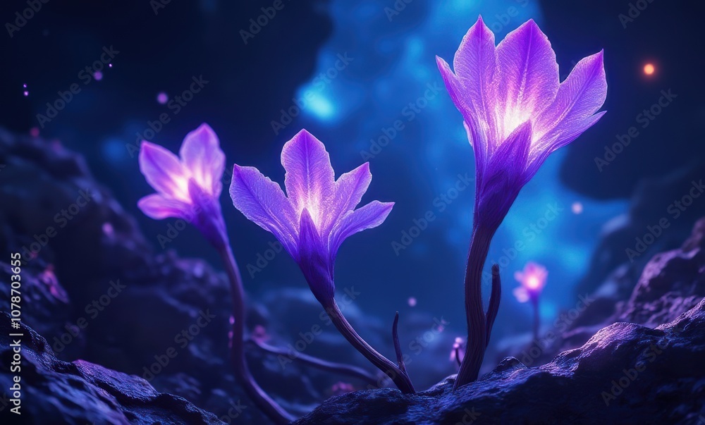 Glowing purple flowers in mystical setting Glowing purple flowers in mystical setting