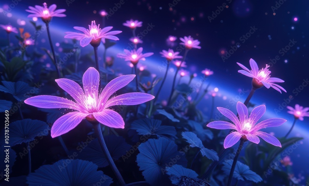 Glowing purple flowers in a dark landscape Glowing purple flowers in a dark landscape