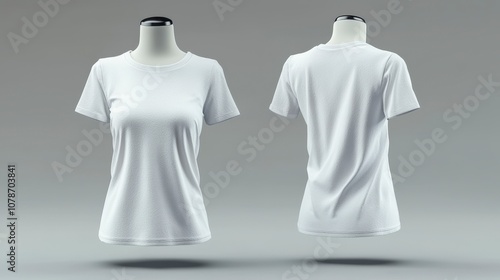 A white T-shirt is displayed on a mannequin in front and back views, showcasing the design and fit of the fabric. The focus is on clothing layout and presentation. photo