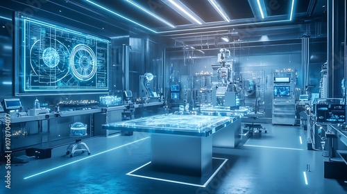 Futuristic laboratory with holographic screens, glowing machinery, and high-tech devices