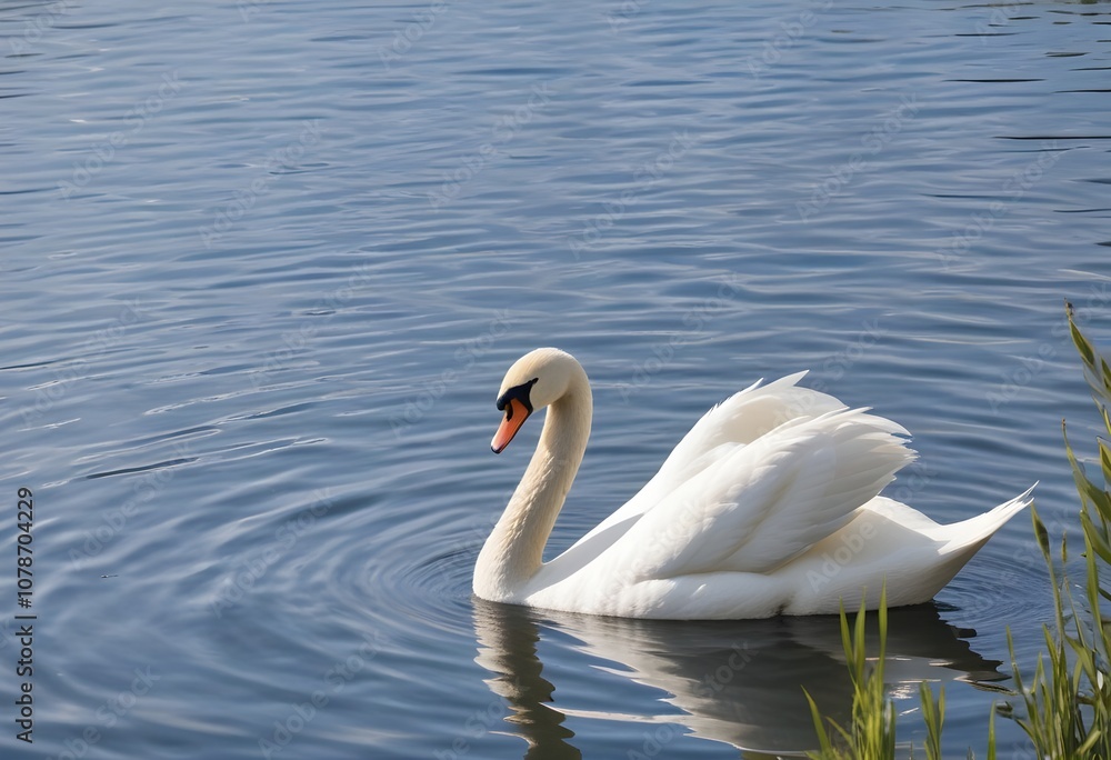 Naklejka premium A swan swimming on a calm blue lake with rippling water
