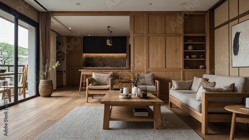 Wallpaper Mural japandi style living room with wooden furniture Torontodigital.ca