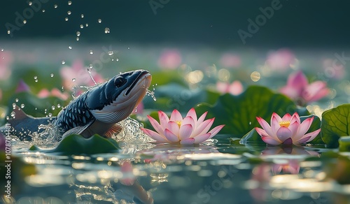 AI generator image of a captivating image depicting the moment when a Snakehead fish Stick head out of the water.A large lake in Province,fish snapping bite slowly at delicate lotus petals in summer photo