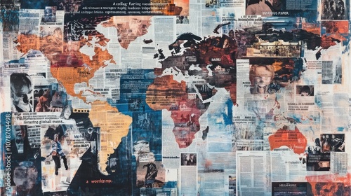 "A collage featuring various newspaper headlines and clippings layered over a world map, representing global events."