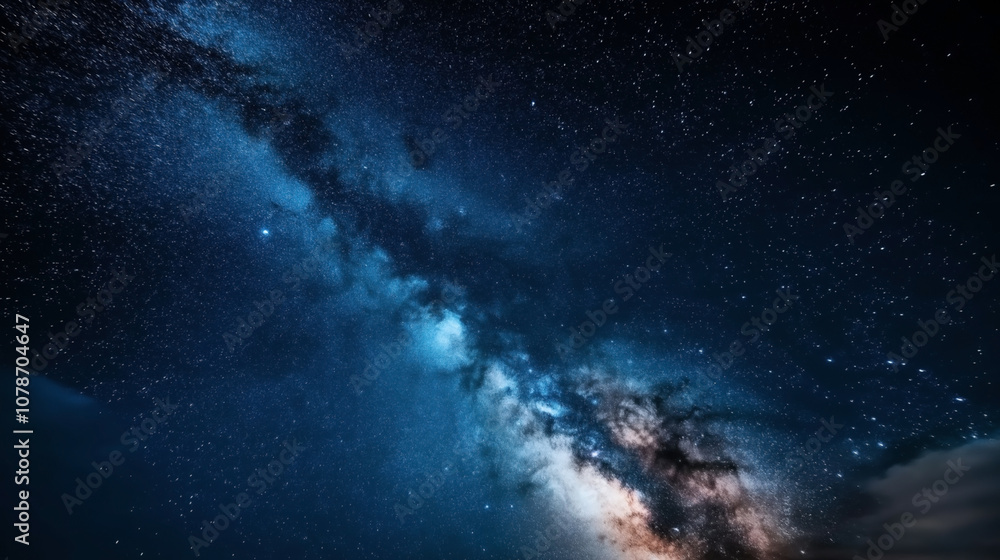 Fototapeta premium A stunning view of the Milky Way galaxy with dense star clusters and bright celestial objects in a deep blue night sky.