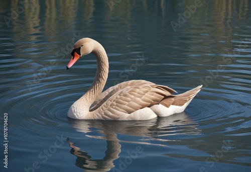 A swan swimming on a calm blue lake with rippling water