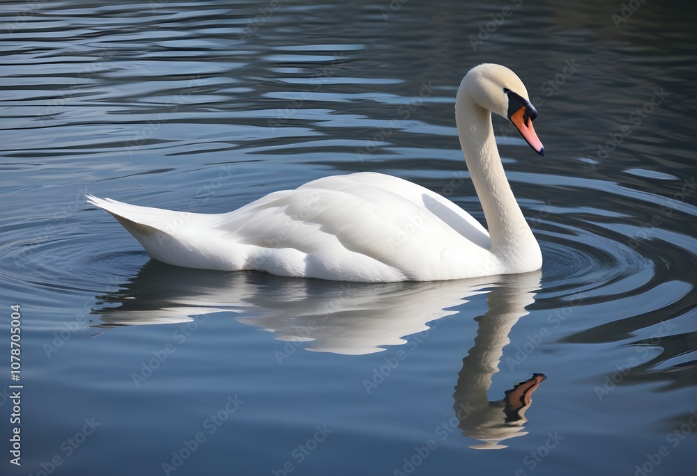 A swan swimming on a calm blue lake with rippling water