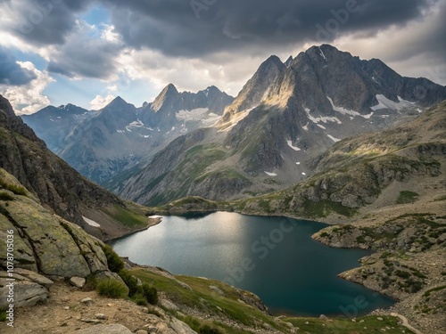 Breathtaking Views from the Summit of Garmo Negro Overlooking Vignemale Peak and Bachimaa Reservoir in the Majestic Pyrenees Mountains