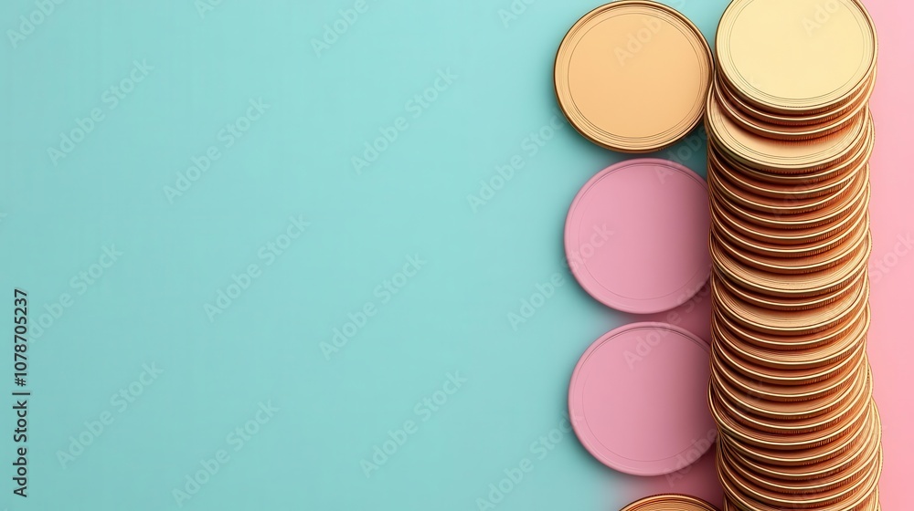 Stacks of gold and pink coins visually contrasted against a mint green background, highlighting their shapes and colors. Stacks of gold and pink coins visually contrasted against a mint green background, highlighting their shapes and colors.