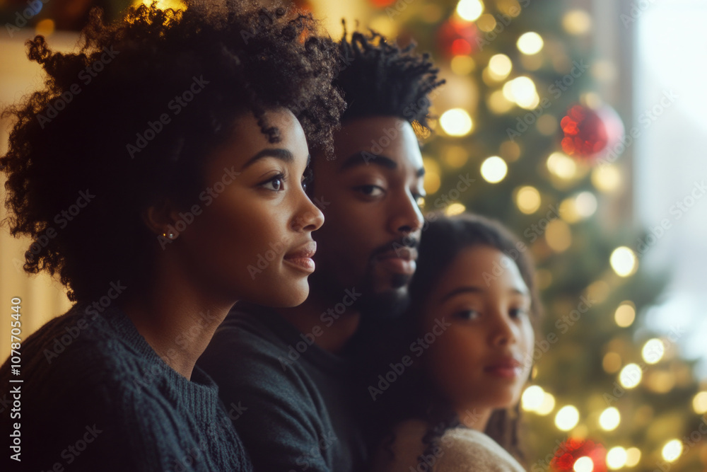 A loving family of three sits closely together by a beautifully adorned Christmas tree, exuding warmth and togetherness in a softly illuminated festive setting. A loving family of three sits closely together by a beautifully adorned Christmas tree, exuding warmth and togetherness in a softly illuminated festive setting.