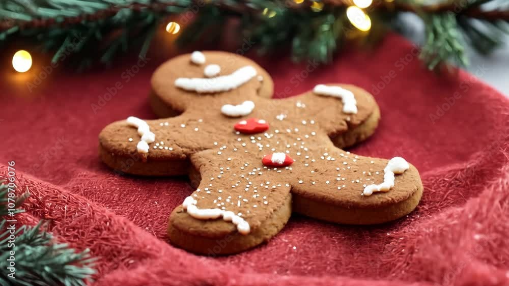 Delicious gingerbread cookie decorated with icing and sprinkles on a festive red cloth background Delicious gingerbread cookie decorated with icing and sprinkles on a festive red cloth background