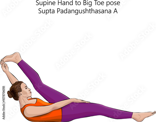 Young woman practicing Supta Padangushthasana A yoga pose. Supine Hand to Big Toe pose. Intermediate Difficulty. Isolated vector illustration. photo