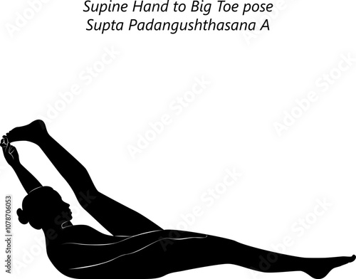 Silhouette of woman practicing Supta Padangushthasana A yoga pose. Supine Hand to Big Toe pose. Intermediate Difficulty. Isolated vector illustration