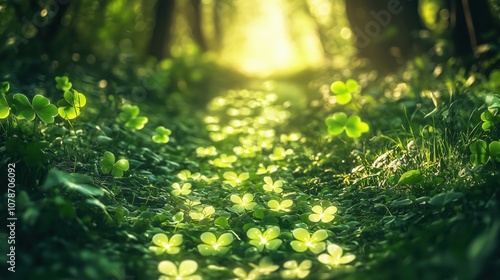 Verzauberter Waldweg mit blühendem Klee im Sonnenlicht photo