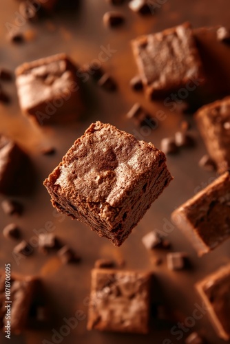 Single brownie square with rich texture floating surrounded by chocolate chips. Creative dessert concept