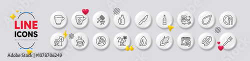 Tea cup, Water drop and Alcohol addiction line icons. White buttons 3d icons. Pack of Wine, Water bottle, Pecan nut icon. Food delivery, Knife, Dish pictogram. Vector