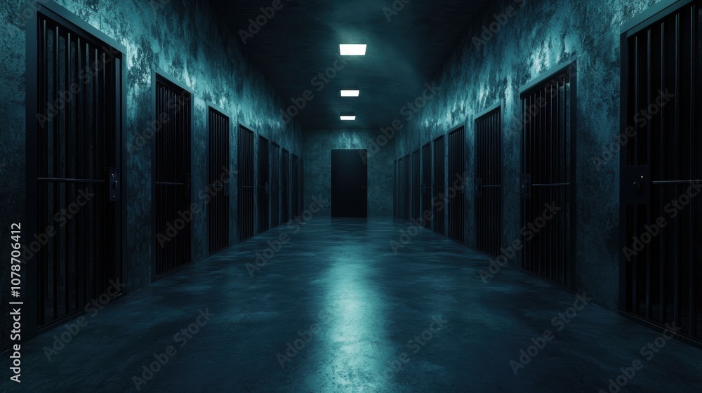 A dark hallway with a few doors and a light on A dark hallway with a few doors and a light on
