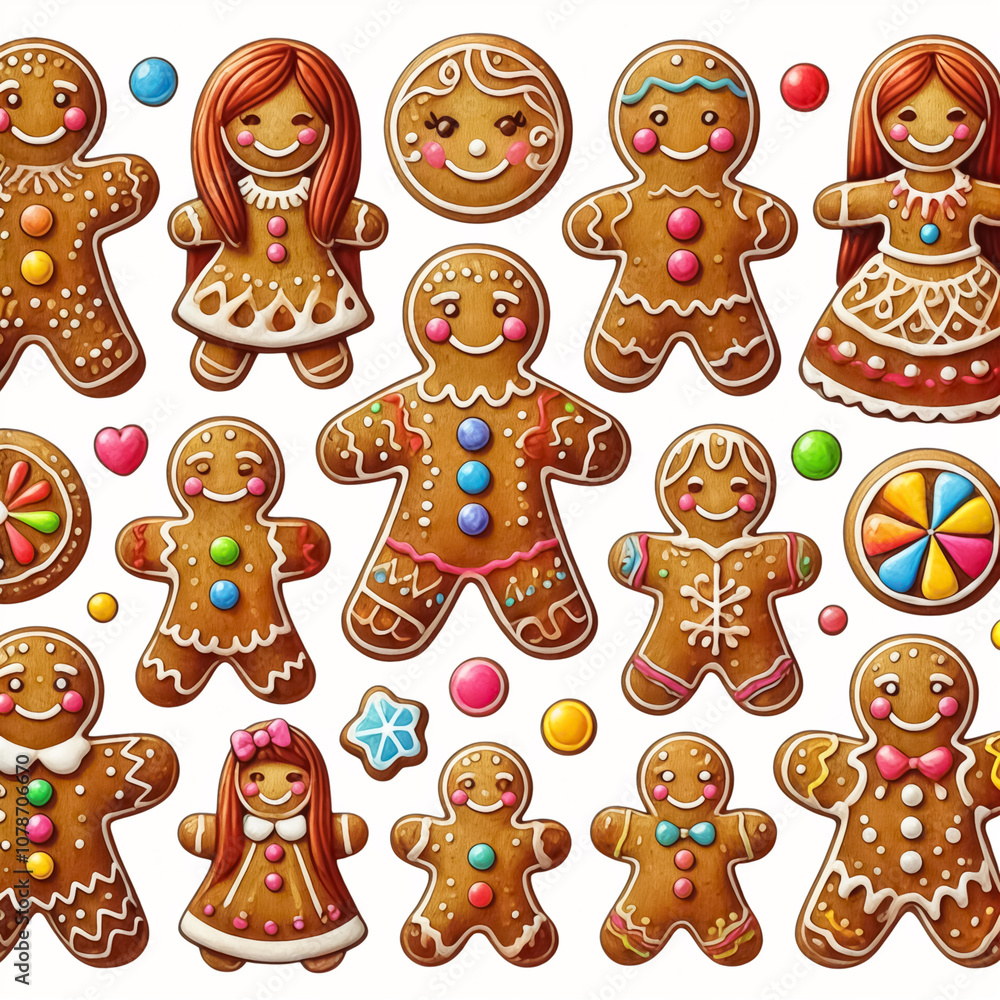 Naklejka premium A gingerbread man waving, with icing eyes and red gumdrop buttons.