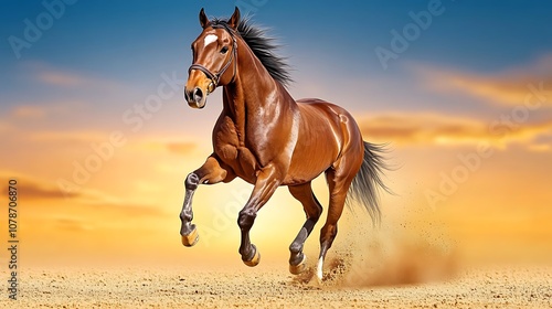 Horse Galloping Freely on Sandy Ground at Sunset