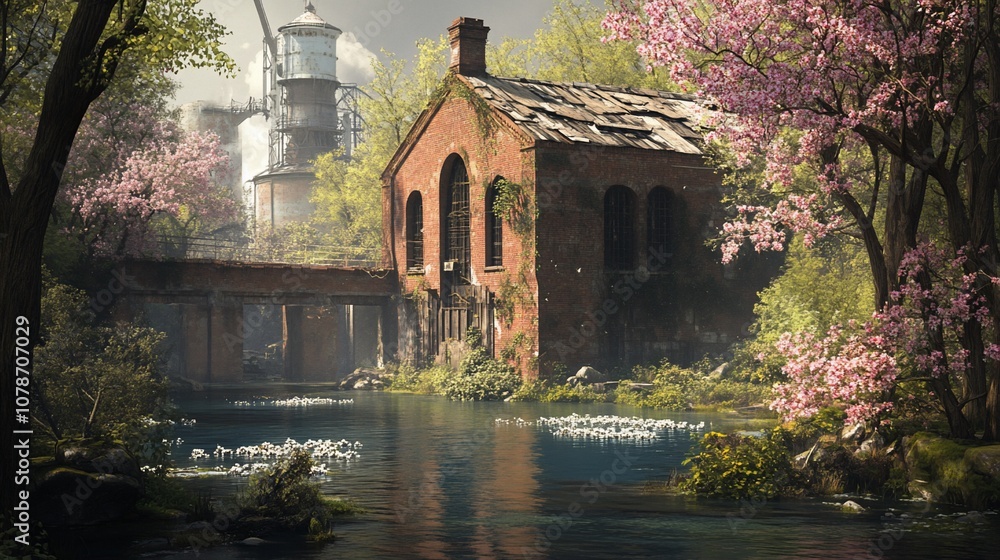 A dilapidated brick building sits on the edge of a tranquil pond, surrounded by lush greenery and blooming pink flowers. A dilapidated brick building sits on the edge of a tranquil pond, surrounded by lush greenery and blooming pink flowers.