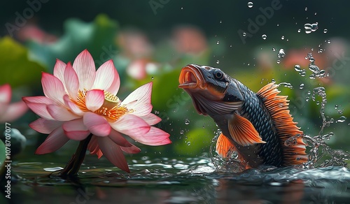 AI generator image of a captivating image depicting the moment when a Snakehead fish Stick head out of the water.A large lake in Province,fish snapping bite slowly at delicate lotus petals in summer photo