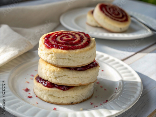 Three layered biscuits with a swirl of raspberry jam in the center