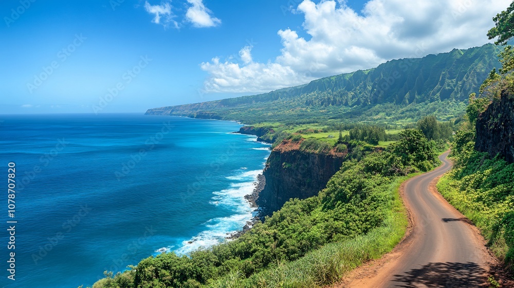 Obraz premium A winding road along a dramatic coastline with lush green hills and blue ocean views under a sunny sky.