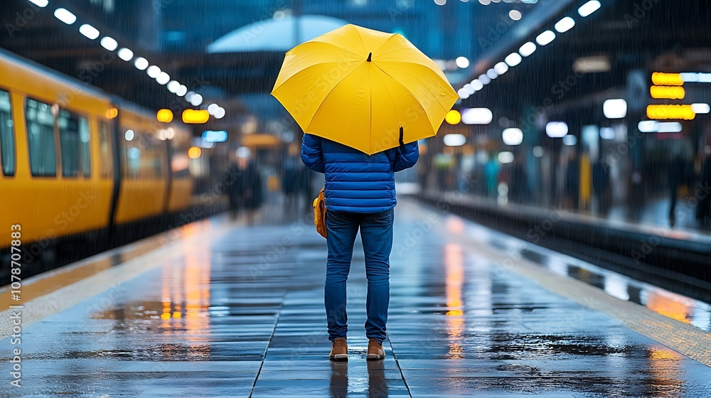 Fototapeta premium Man with Yellow Umbrella Standing in Rain at Station