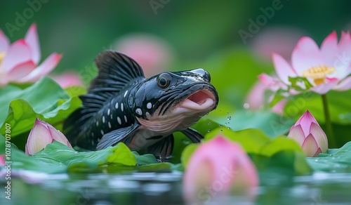 AI generator image of a captivating image depicting the moment when a Snakehead fish Stick head out of the water.A large lake in Province,fish snapping bite slowly at delicate lotus petals in summer photo